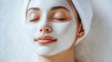Serene Young Asian Woman with Relaxed Expression and Facial Mask Treatment in Spa, Clean Fresh Skin, White Headband, Soft Natural Lighting