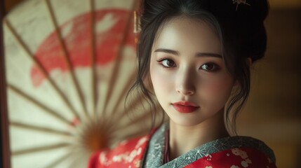 Japanese woman in her 20s wearing traditional red kimono with floral patterns, posed elegantly with a decorative paper umbrella.