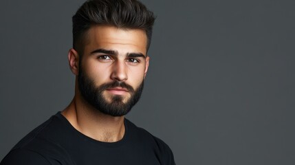 Obraz premium Handsome bearded man in black t-shirt posing thoughtfully against a gray background for creative inspiration, blank mockup space for advertising.
