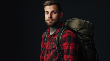 Fototapeta premium Handsome tattooed man in a red and black flannel shirt carrying a backpack standing confidently in a studio with dark background