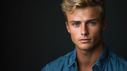 Fototapeta premium Contemporary portrait of young 20-year-old Caucasian man with blonde hair and blue eyes wearing denim shirt against dark background