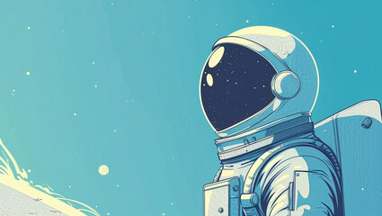 Stylized Retro Astronaut, Space Exploration. Reflective Helmet and White Suit isolated against Blue Backdrop. Nostalgic Hand-Drawn Illustration Background