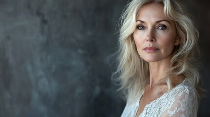 Obraz premium Elegant mature female fashion model with long blonde hair posing indoors against a textured gray wall showcasing serene expressions and beauty.
