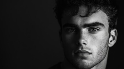 Intimate close-up of a striking young man with tousled hair and defined features, captured in dramatic black and white lighting for high visual impact.
