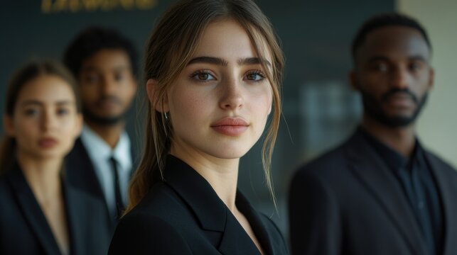 young businesswoman in focus with diverse colleagues behind in modern office environment showcasing teamwork and professionalism