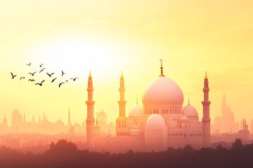 Naklejka premium Majestic Mosque at Sunrise: A Stunning Architectural Masterpiece