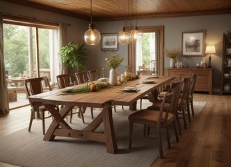 Family gathering around a large wooden dining table, festive atmosphere, warmth