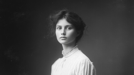 Elegant black and white studio portrait of a young woman with soft features and wavy hair, wearing a vintage lace blouse, set against a neutral background.