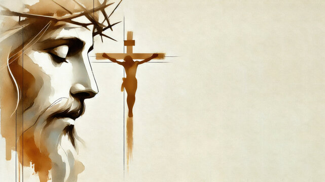 Easter. Close-up of Jesus with a crown of thorns and the crucifix in the background.
