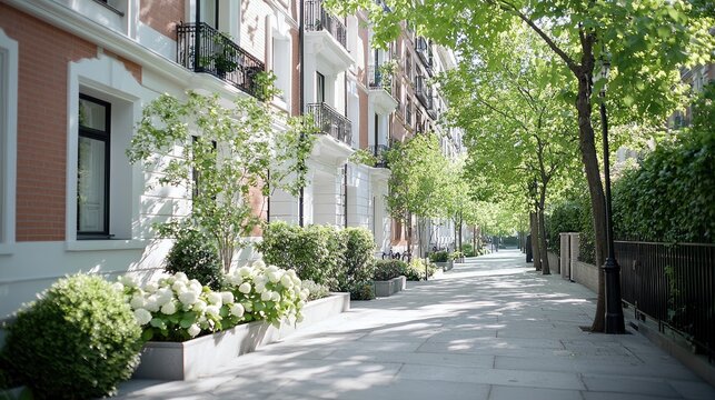 Fototapeta Sunny Parisian street, elegant buildings, lush greenery, peaceful morning