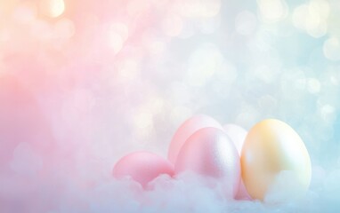 Dreamy mockup background with space for text designed with an abstract cloud-like effect combined with Easter eggs in pearlescent hues for Easter