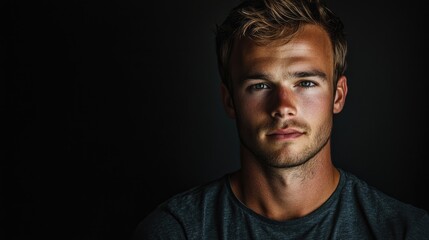 Obraz premium handsome young man with tousled brown hair and chiseled features in grey shirt posing against dark background with soft lighting for dramatic effect