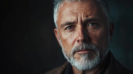 Obraz premium Close-up portrait of a mature 50-year-old man with gray hair and beard, showcasing deep facial features against a dark blurred background.