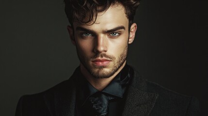 Obraz premium Stylish handsome young man with curly hair in formal black suit and tie against dark studio background capturing elegance and confidence in fashion portrait.