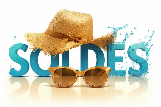 Summer sale display with frnech splashing word Soldes sunglasses and straw hat on white background