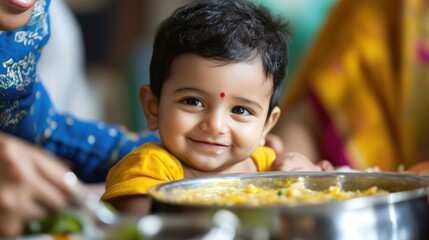 Smiling Indian baby boy enjoying meal with colorful traditional attire, surrounded by caring adults fostering healthy family environment.