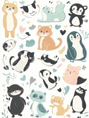 Fototapeta premium Cute animal stickers featuring a variety of playful characters in soft pastel colors for creative projects. Generative AI