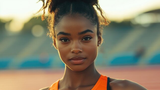 Young confident woman in orange athletic gear preparing to run at a bright stadium with blurred seats in the background, focusing on determination and strength.