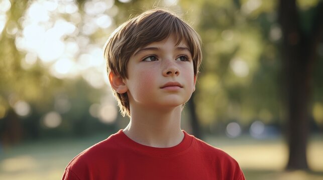 Portrait of a thoughtful preteen boy wearing a vibrant red t-shirt standing in a sunlit park surrounded by greenery and soft bokeh background.