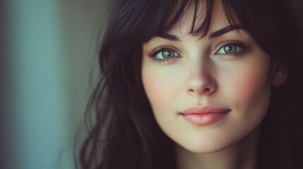Naklejka premium Close-up portrait of a young woman with long brunette hair and green eyes, exhibiting natural beauty with soft skin tones and gentle expression indoors.
