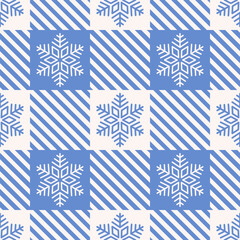 Blue and white snowflakes on gingham background. Vector seamless pattern, retro pastel colors.