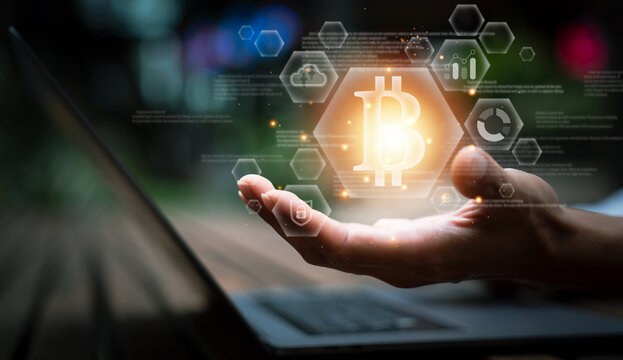 bitcoin crypto currency block chain, future business,Day trader buying selling currency and trading on the cryptocurrency exchange by computer and bitcoin graph, planning and manage profit investment