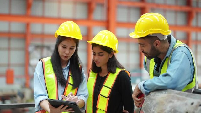 Construction Team Meeting: A diverse group of construction workers in yellow hard hats and safety vests collaborate, reviewing plans on a tablet amidst an industrial site.