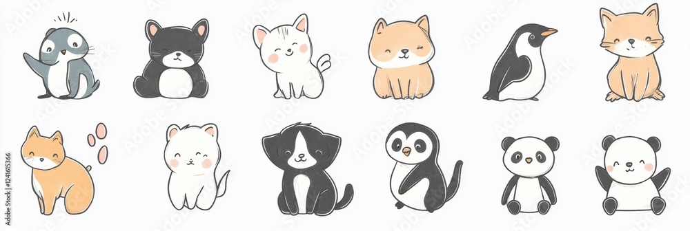 Poster collection of cute animal stickers featuring various adorable characters in playful poses and soft c