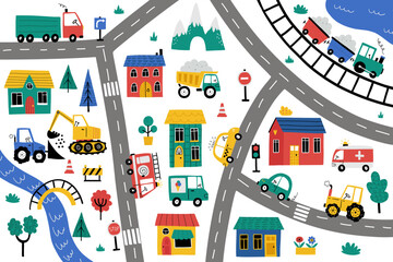 Cute little town map with cars, houses, mountains, roads, trees, train, police car, ambulance, truck. Doodle cityscape for nursery carpet print. Hand-drawn maps for kids room, nursery decor, bed linen