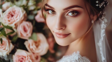 Naklejka premium Elegant bridal portrait of a young woman with rosy makeup and floral bouquet featuring soft pink roses, captured in a warm, natural light setting.