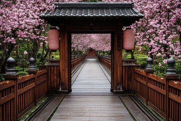 Obraz premium Entering a traditional japanese garden gate a serene view