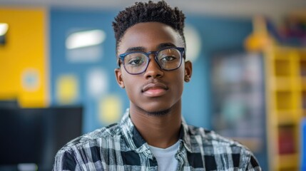 Obraz premium Confident young African American male student wearing glasses in plaid shirt, posing in colorful classroom setting with computer in background.