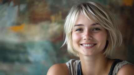 Fototapeta premium Cheerful young woman with short blond hair smiling warmly against an abstract colorful background in a cozy indoor setting.