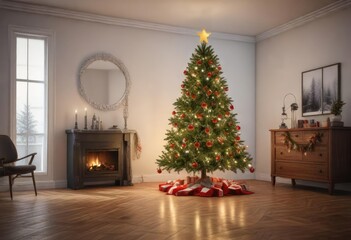 Festive Christmas tree in a brightly lit room, holiday cheer, joyful ambiance, bright lights