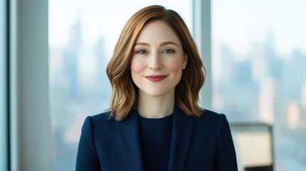 Professional woman in a city office setting.