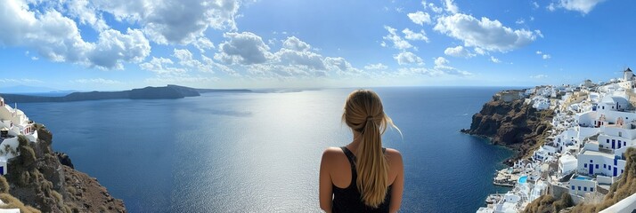 Experience the breathtaking summer view in Santorini, Greece, where you can marvel at the scenic ocean view and the dramatic clouds that enhance the natural beauty of this stunning location