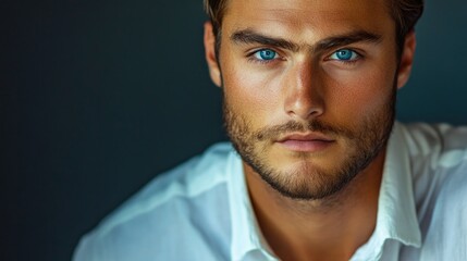 Fototapeta premium Portrait of a serious young man with striking blue eyes and tousled hair wearing a crisp white shirt, set against a dark textured background.