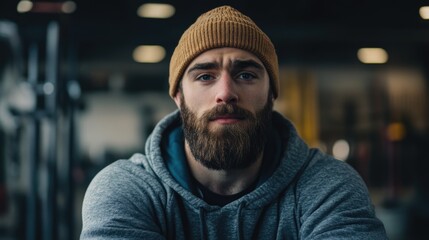 Strong athletic man with beard wearing gray hoodie and brown beanie in modern gym setting, focused expression with warm lighting ambiance.