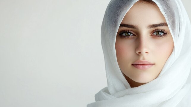 young woman with green eyes wearing a white yashmak on a light neutral background showcasing beauty and elegance in a minimalist setting