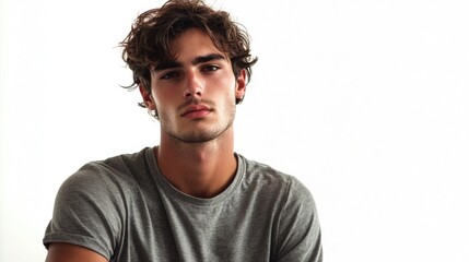 Obraz premium Young man with tousled hair wearing a fitted grey t-shirt displaying a contemplative expression against a clean white background.