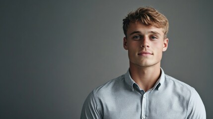 Fototapeta premium Confident young adult man with light brown hair wearing a button-up shirt against a muted grey background exhibiting a self-assured expression