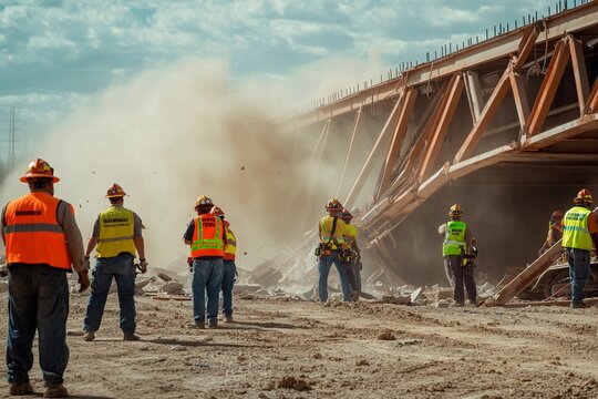 Construction workers manage the impressive demolition of a bridge in a vibrant urban setting