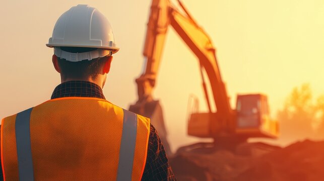 Construction worker observing machinery at sunrise.