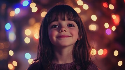 Joyful young girl smiling in front of colorful Christmas lights background, celebrating the holiday season with happiness and warmth.