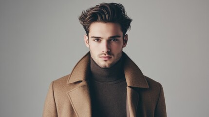Obraz premium Fashionable young man with modern hairstyle wearing stylish brown coat and turtleneck sweater posing in studio on gray background