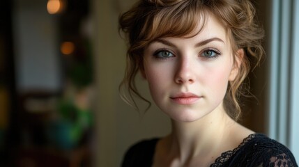 Fototapeta premium Close-up portrait of young adult woman with soft brown hair and green eyes, wearing black lace top, natural light ambiance in indoor setting.