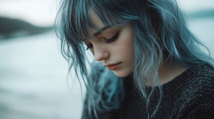 Naklejka premium Young woman with trendy grey blue hair contemplating by the tranquil lake beach in natural light, capturing serene emotions and reflections.