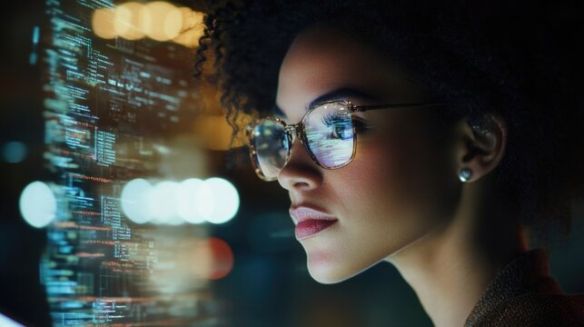Data processing with focus on young Black woman wearing glasses, using laptop in modern office, digital technology interface, illuminated abstract background.