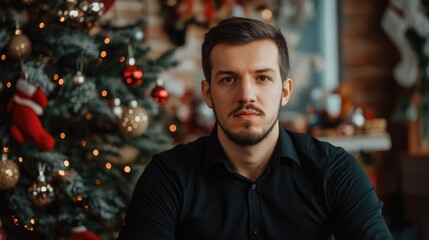 Fototapeta premium Serious young man aged 20 to 25 in a formal black shirt seated in front of a elegant decorated Christmas tree with warm lights and ornaments in a cozy interior setting.