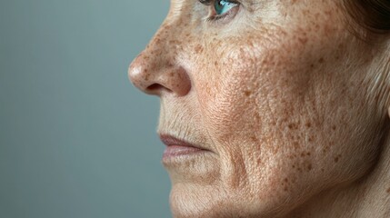 Fototapeta premium Close-up profile of middle-aged woman showcasing skin imperfections such as wrinkles, freckles, and blemishes with a focus on health and beauty care against a soft gray background.